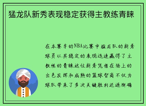 猛龙队新秀表现稳定获得主教练青睐