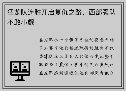 猛龙队连胜开启复仇之路，西部强队不敢小觑