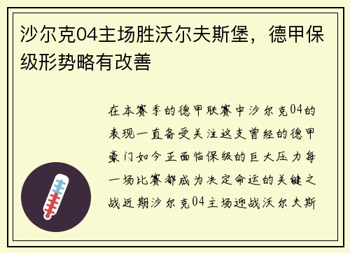 沙尔克04主场胜沃尔夫斯堡，德甲保级形势略有改善